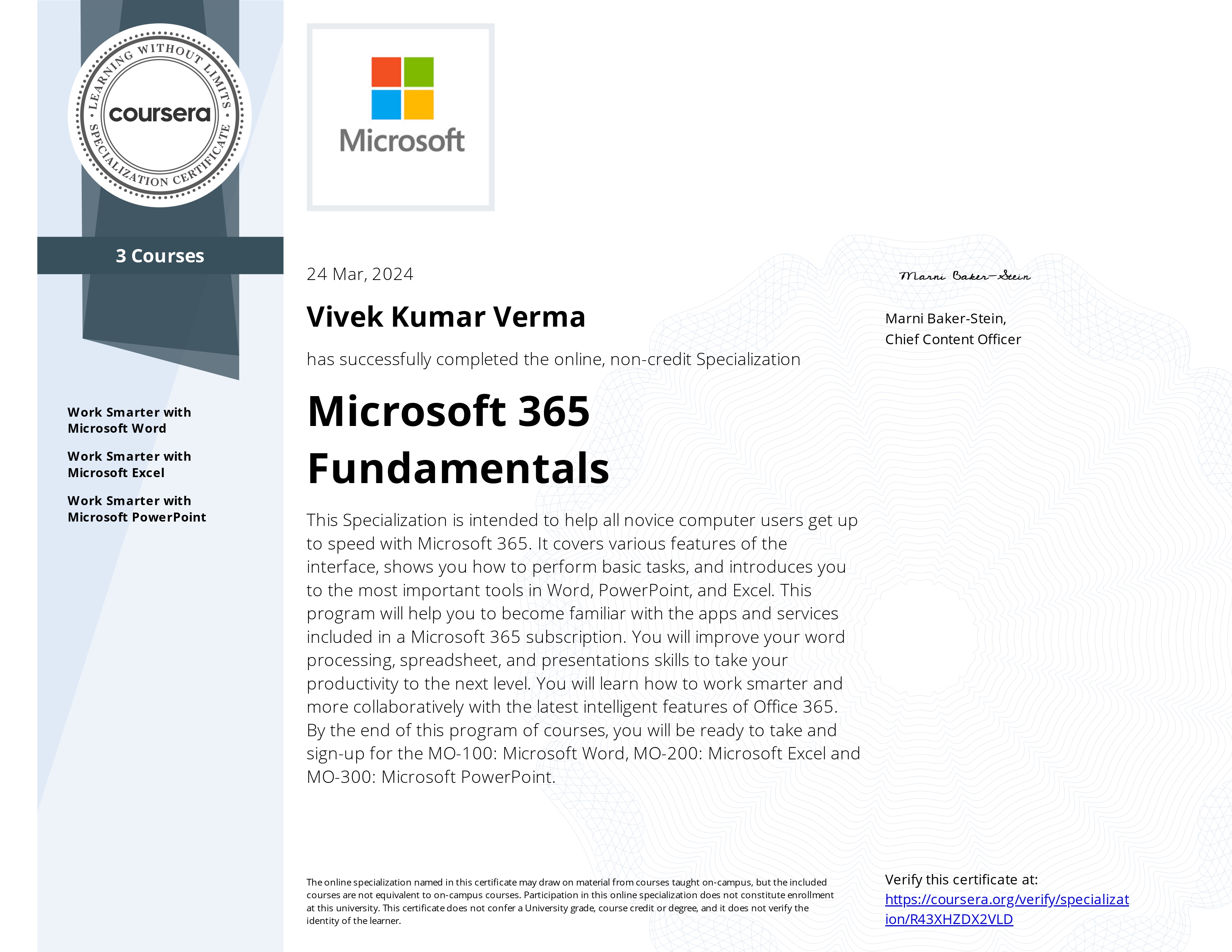 Microsoft 365 Fundamentals Specialization Certificate